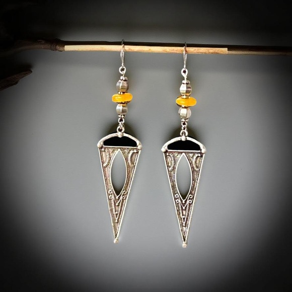Antique Silver and Yellow glass Geometric Dangle Earrings - Picture 7 of 11